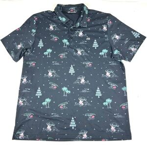 Travis Mathew Mens Golf Polo Shirt Sz XL Collared Black Hawaiian Santa Claus